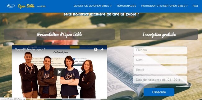 Open bible Page de présentation inscription