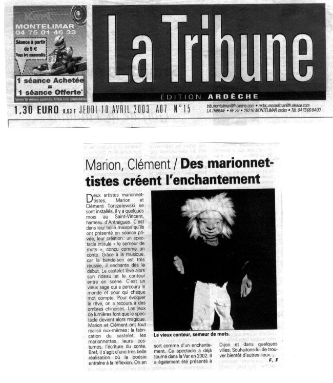 La Tribune du jeudi 10 avril 2003 marionnettes à fils et ombres chinoises La Tribune du jeudi 10 avril 2003 marionnettes à fils et ombres chinoises